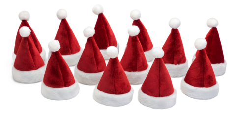 Collage with Santa Claus hats set, closeup objects. Isolated on transparent background. Christmas and New Year celebration