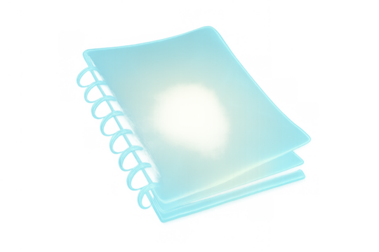 Glowing transparent spiral notebook representing digital learning, virtual data, and abstract technology on a transparent background - Powered by Adobe