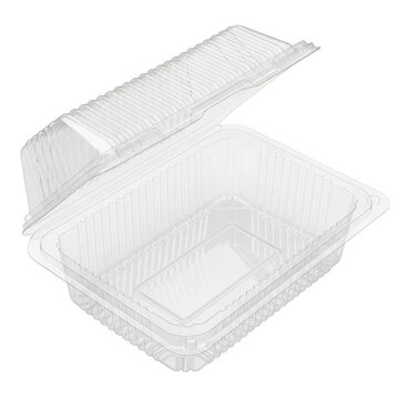Clear empty rectangular plastic food container with hinged lid isolated on transparent background