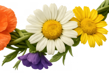Decorative flower crown element featuring colorful daisy, poppy, and bellflowers, symbolizing nature and spring beauty