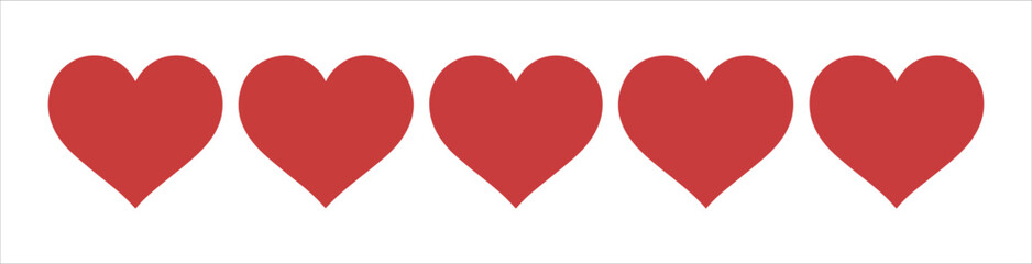 Set of five heart shapes on white background, simple flat style love icons, basic red symbols, minimal design