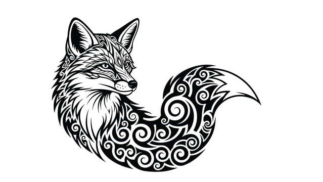 Intricate black and white illustration of a fox with its fur and tail designed with detailed ornamental swirls and tribal patterns.