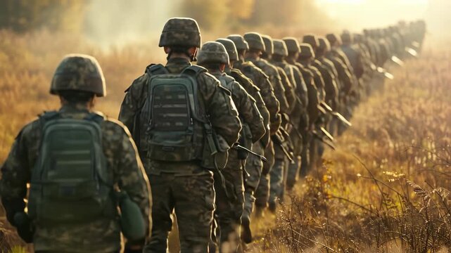 Back view of a column of soldiers in full combat gear marching across a field. Armed military personnel training during a mission at sunset