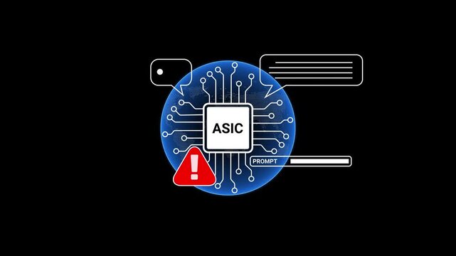 Digital Circuit Board with ASIC Chip and Warning Symbol on Black Background ASIC technology
