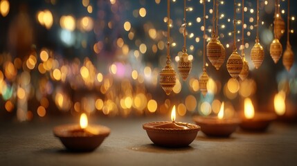 Concept of celebration. Glowing traditional Indian earthen lanterns (Diyas) and hanging string lights (fairy lights), soft bokeh effect in the background. 