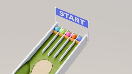 Mini golf theme marble race. Golf course marble run. Golf ball ball race. 3d Rendering