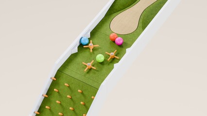 Mini golf theme marble race. Golf course marble run. Golf ball ball race. 3d Rendering