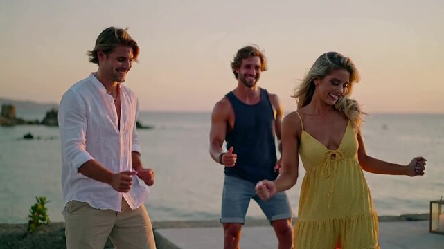 A carefree group of blonde friends dances by the ocean at sunset, bathed in warm golden light, beachside d&eacute;cor glowing softly as wind and music create a joyful, cinematic summer vibe.