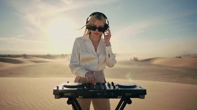A stylish blonde DJ performs on a sleek mixer in a sunlit desert, warm sand and haze surrounding her as golden light and vibrant tones create a cinematic, summery electronic vibe.