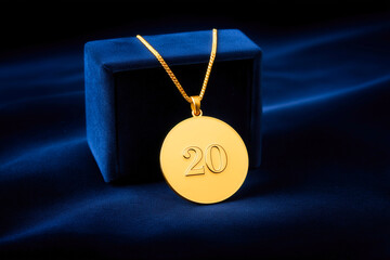 Close-up gold medal with the number twenty displayed on a velvet blue box, symbolizing achievement and recognition in various competitive events, 20 anniversary