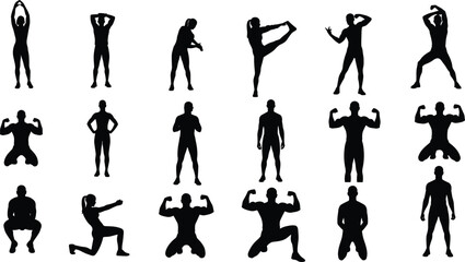 Dynamic human silhouettes, body movement, physical pose, gesture variety, fitness icon, martial arts stance, stretching motion, squatting figure, anatomy study, expressive posture,