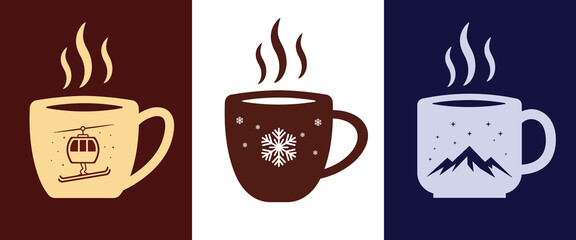 Winter hot drink mug icon set. Holiday drink mugs vector. Cozy coffee and tea cup vector set with snowflake, mountain and ski lift elements. Winter warm drinks vector illustration.