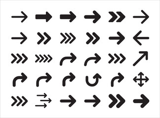 Set of black arrows icons. basic directional signs, forward back left right pointer symbols. arrow collection