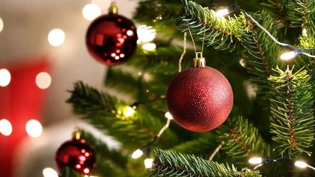 Rotating Christmas tree decorated with glowing ornaments, set against a festive illuminated background &mdash; holiday theme