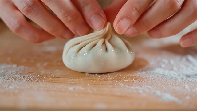 Hands meticulously pleating a fresh dumpling or bao bun on a wooden board dusted with flour, showcasing culinary artistry.