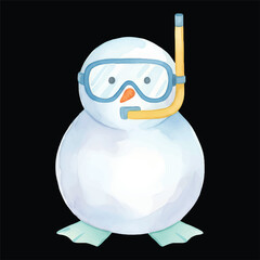 Cute Snowman Diver Watercolor, Isolated on Black Background, Vector Illustration
