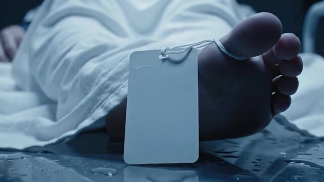 The foot of a deceased person with a blank identification tag attached, lying on a cold slab in a morgue.