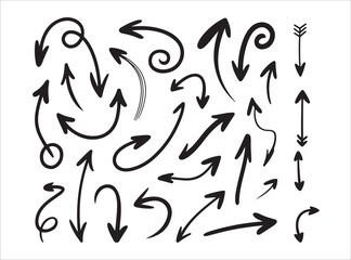 Set of black curved arrows, collection of doodle arrow vector illustration with various shapes and directions