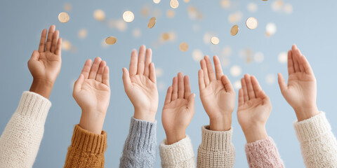 コインに手を伸ばす人々、富とチャンスの象徴