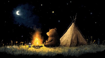 Obraz premium A bear sitting by a campfire in a tent, surrounded by stars and a crescent moon, with a tent and a fire pit in the background. 