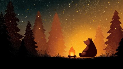 A bear sitting by a campfire in a starry night forest, surrounded by trees and illuminated by a warm orange glow.