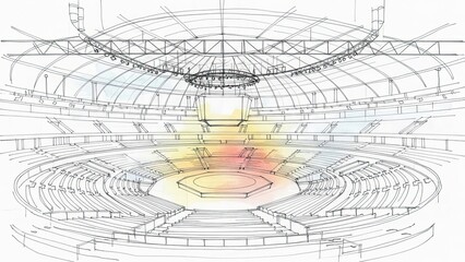 Architectural Blueprint of a Modern Arena Stage Design with Colorful Lighting Accents.