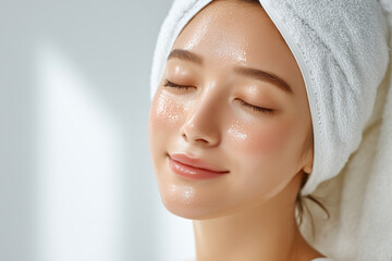 スキンケア後にぷるぷる肌でリラックスする美しい女性