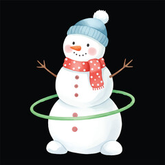 Cute Snowman Hula Hoop Watercolor, Isolated on Black Background, Vector Illustration

