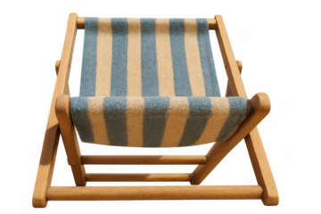 Folding wooden deckchair with striped blue and beige canvas, ready for beach or garden leisure, cut out on transparent