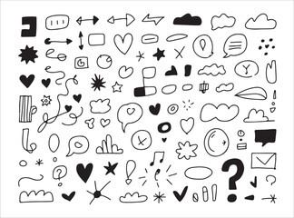 Large assortment of hand drawn doodle icons and design elements including shapes arrows and frames