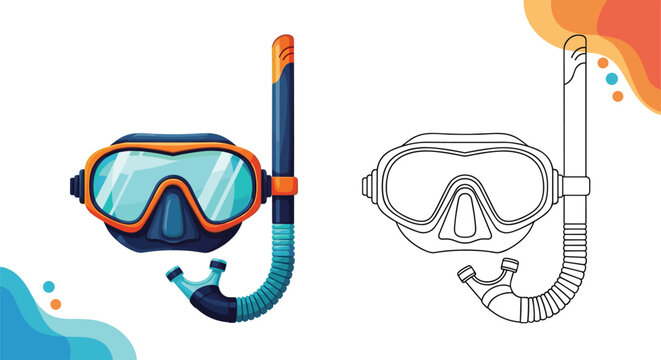 A colorful cartoon illustration of a snorkel and dive mask next to its black-and-white outline for coloring, evoking summer water activities.