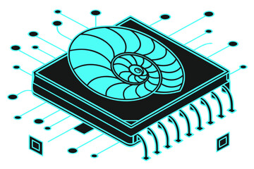 Fototapeta premium Artificial Intelligence Nautilus Shell on Circuit Microchip