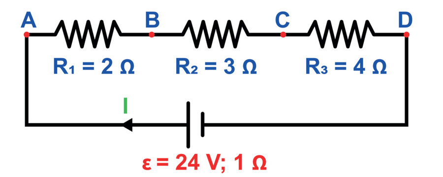 Series Electrical Circuit With Three Resistors And A 24 Volt Battery Diagram For Analysis