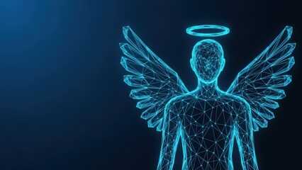 A glowing digital angel with wireframe wings and a halo against a dark blue background