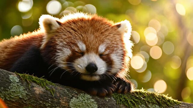 Close up of a sleeping red panda resting on a mossy tree branch bathed in warm golden hour sunlight with blurred green foliage background