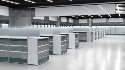 Store interior with showcases with topper and glass doors, slatwall cabinets against the wall and banners. 3d illustration