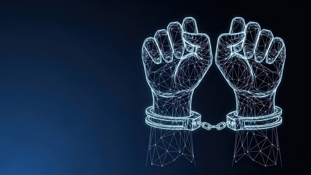 Digital wireframe hands breaking free from glowing handcuffs connected by a chain against a dark blue background