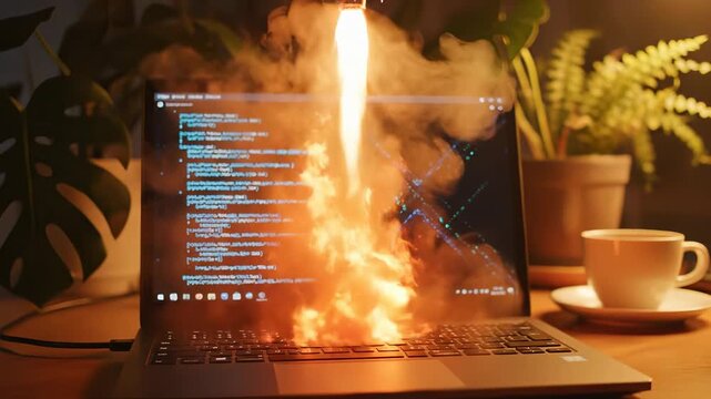 Rocket launch animation from laptop screen. Innovative technology visualizes successful project development. Futuristic atmosphere inspires creativity and progress.