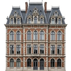 Fototapeta premium Ornate historic european mansion with mansard roof isolated on white background