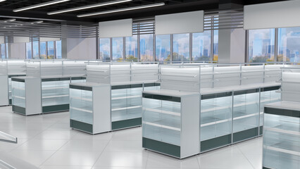 Store interior with showcases with glass doors and open upper shelves, banners and city view through the windows. 3d illustration