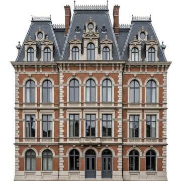 Ornate historic european mansion with mansard roof isolated on white background