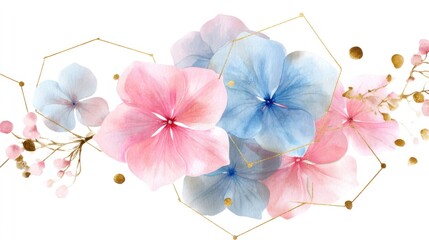 A watercolor illustration of a pink and blue hydrangea flower with a geometric gold frame, set against a white background with a subtle gold border.