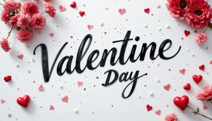 Valentine Day decoration with flowers and hearts on white background Generative AI