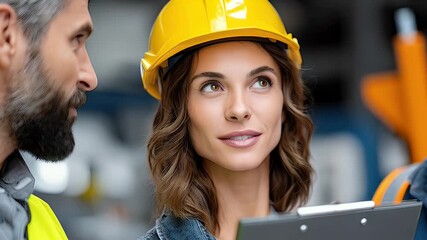 Engineers in safety gear reviewing plans indoors