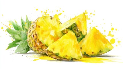 Watercolor illustration of a pineapple with slices, set against a white background with splashes of yellow paint.