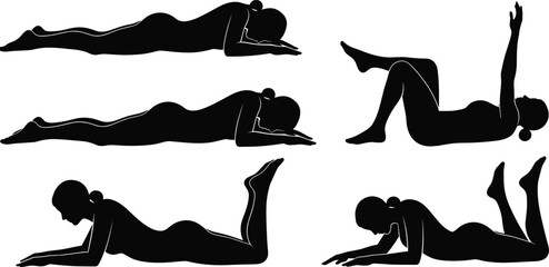 Physical therapy silhouettes, rehabilitation poses, recovery exercise, prone posture, mobility training, therapeutic movement, spinal rehab, wellness icon, body alignment, clinical routine