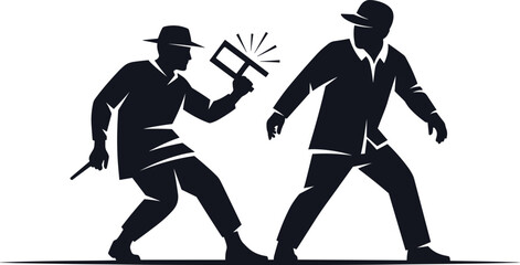 Silhouette interaction, photo capture moment, vintage attire, camera action, emotional reaction, surveillance pose, dynamic gesture, black figure, confrontation scene, storytellin