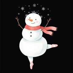 Cute Snowman Ballet Dancer Watercolor, Isolated on Black Background, Vector Illustration
