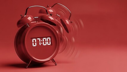 Red Alarm Clock Vibrating at 7:00 on Red Background alert analog