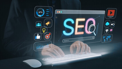 SEO concept for improving SEO visibility, with SEO related digital tools and SEO performance icons shown in an focused layout for strategic marketing. Elide